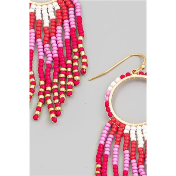 Fame Circle Cutout Seed Beaded Fringe Earrings - Picture 3 of 3